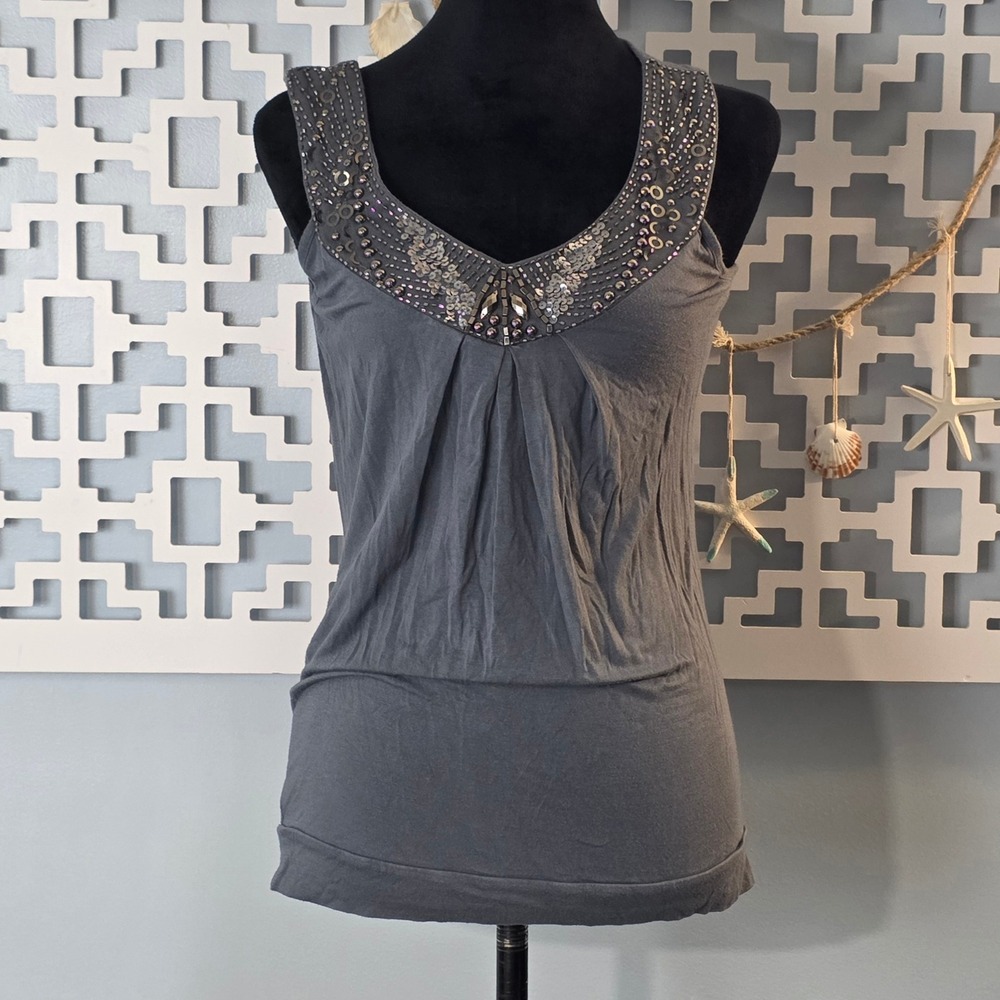 Cynthia Rowley Womens Gray Embellished Sequin Studded V-Neck Tank Top Small